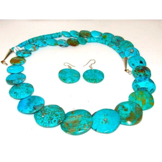 Santo Domingo Royston Turquoise Disc Necklace Earrings Set JoAnn Garcia Kew 30"L Native American