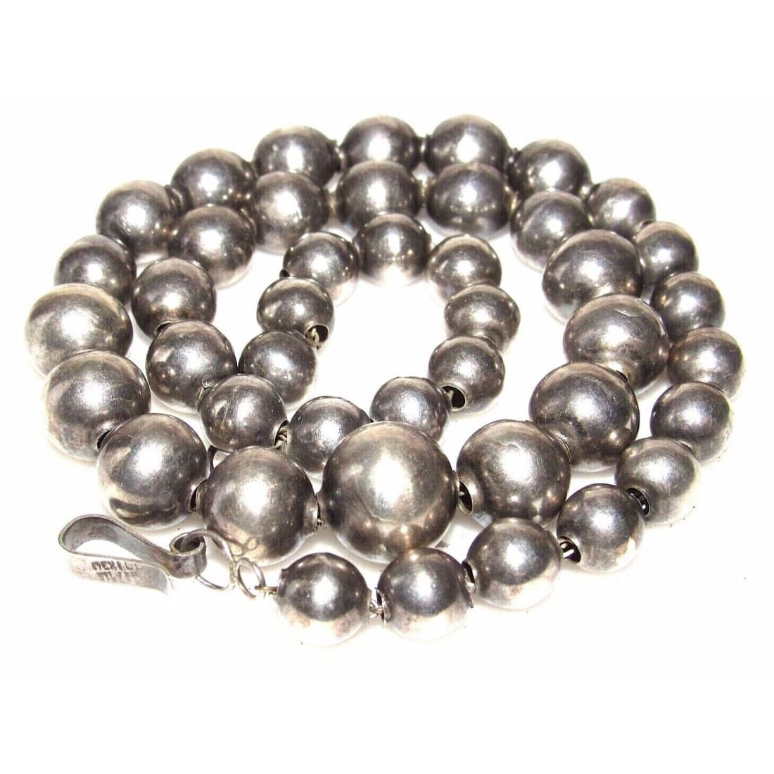 Early Pre-Eagle Mexican Sterling Silver Beads Necklace 18"L Taxco Taxco