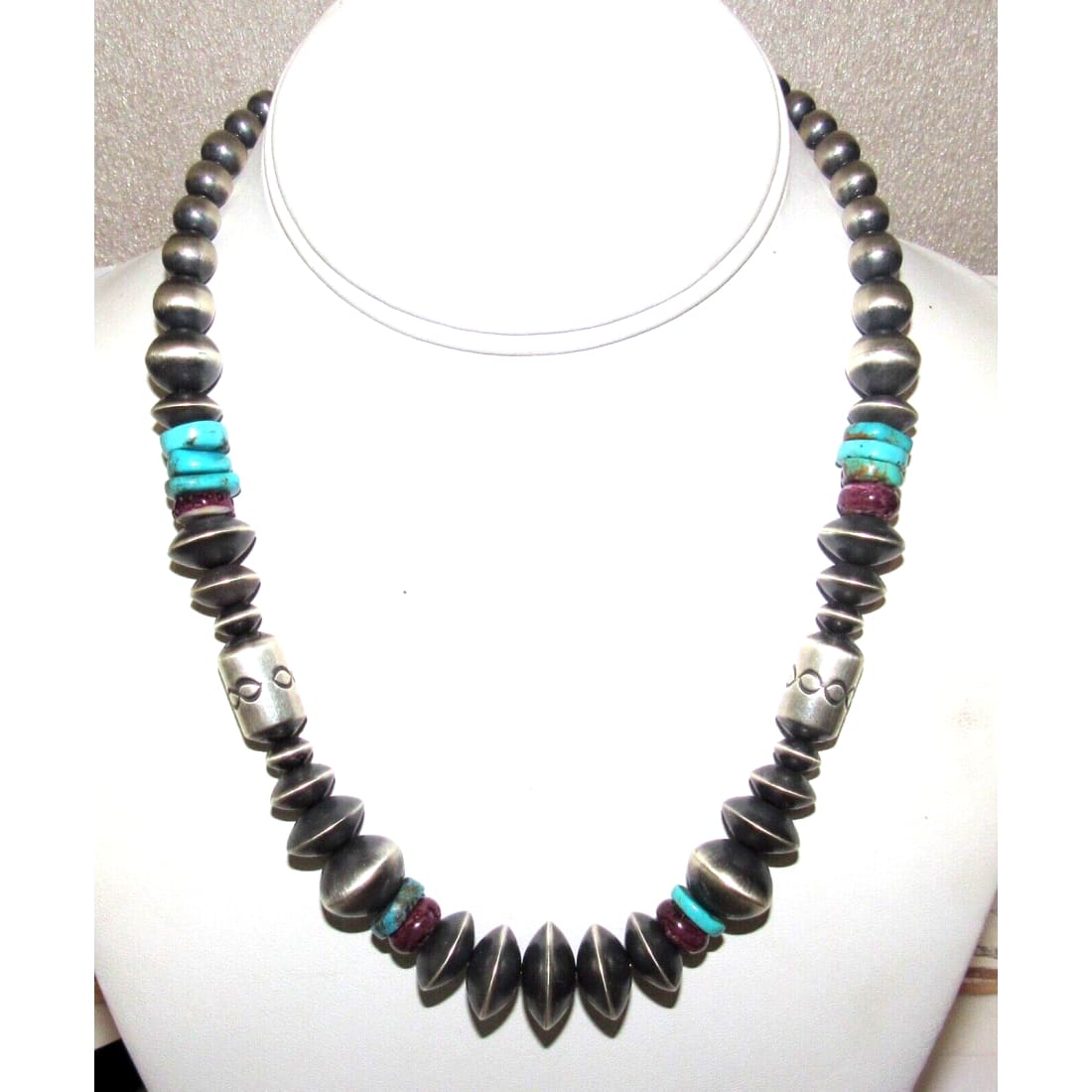 Sterling Navajo Pearls Purple Spiny & Turquoise 18” Signed