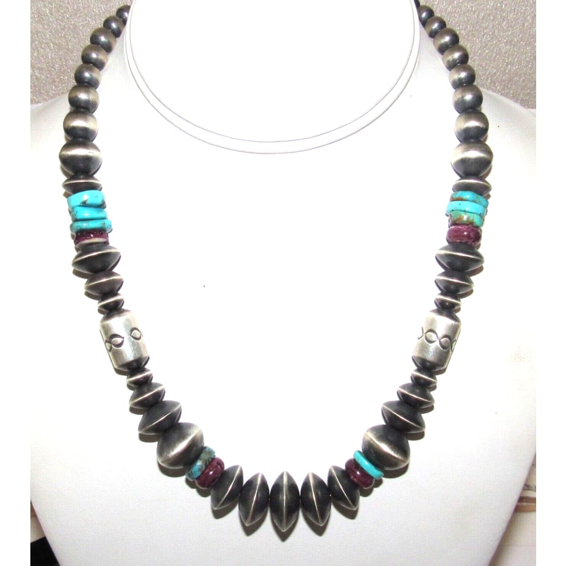 Sterling Navajo Pearls Purple Spiny & Turquoise 18” Signed