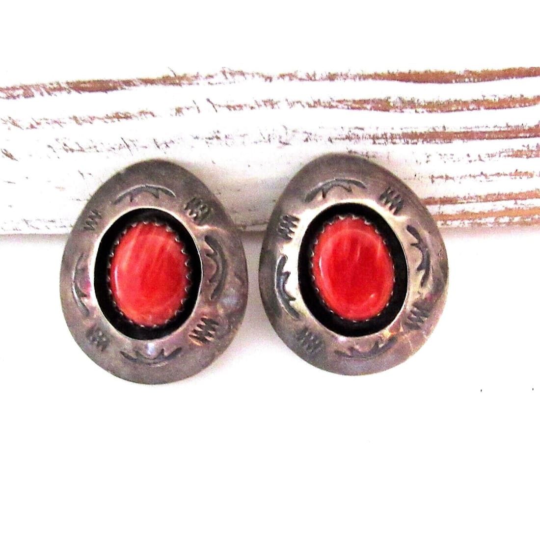 TEDDY GOODLUCK Vintage NAVAJO Sterling Silver Shadowbox Orange Spiny Earrings Native American