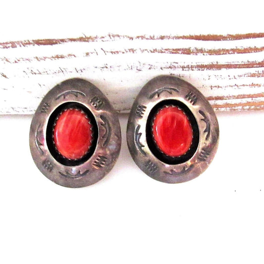 TEDDY GOODLUCK Vintage NAVAJO Sterling Silver Shadowbox Orange Spiny Earrings Native American