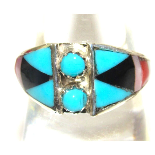 Vinage Zuni Inlay Ring Size 7 Snake Eye Turquoise Coral Jet 