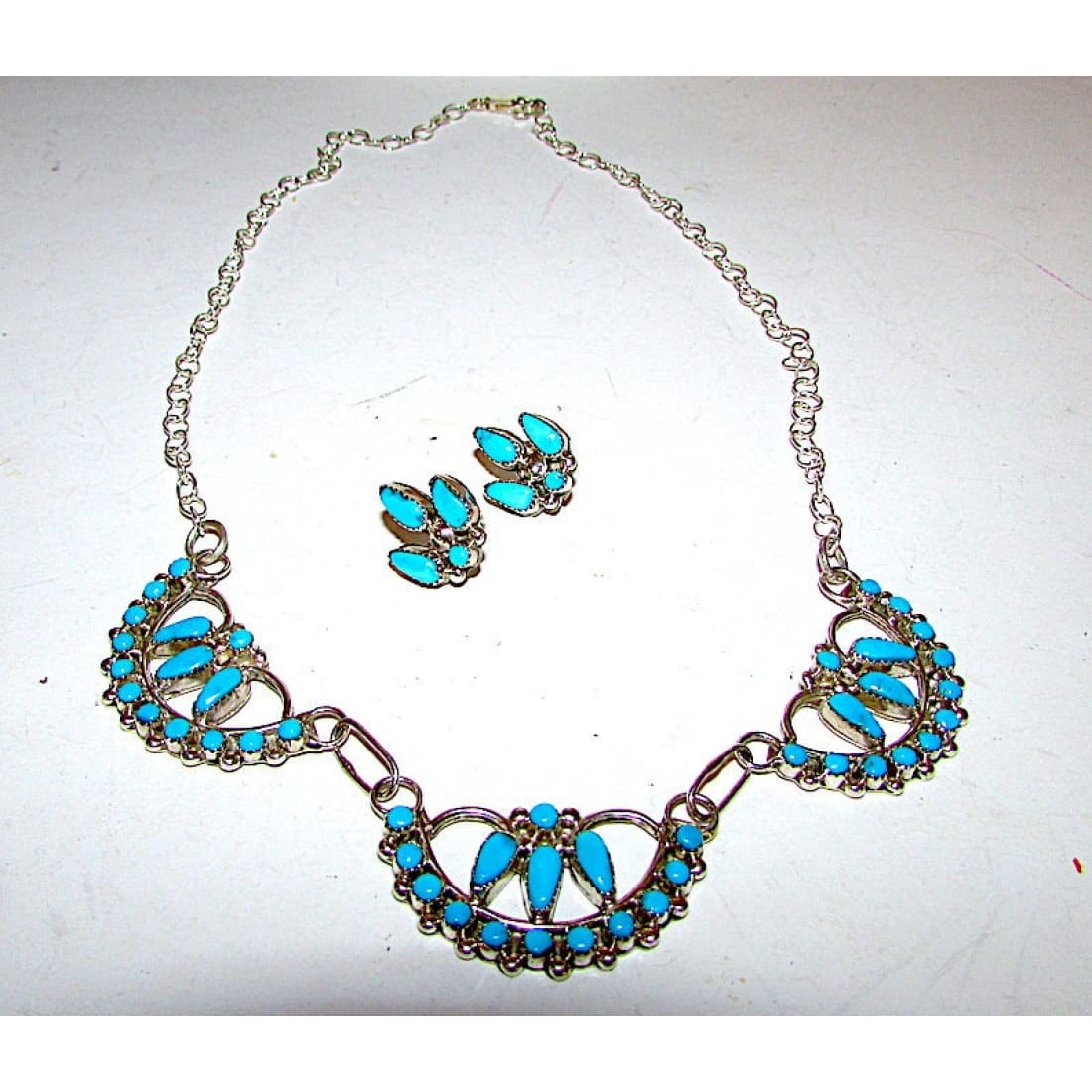 Vintage Native American Zuni Sterling Silver Sleeping Beauty Mine Turquoise Choker Necklace and Earrings Set The Southwestern Style Gallery