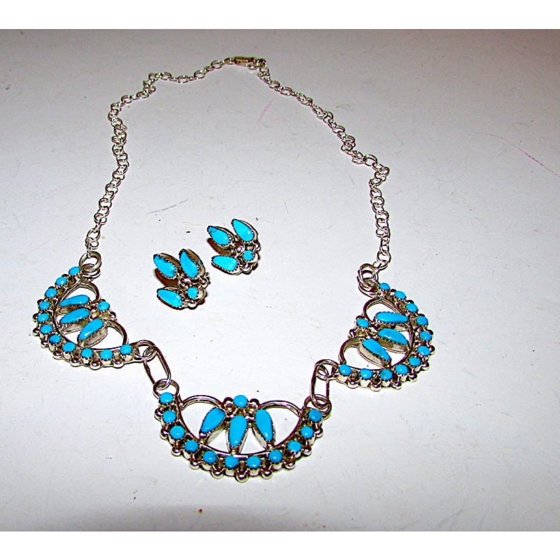 Vintage Native American Zuni Sterling Silver Sleeping Beauty Mine Turquoise Choker Necklace and Earrings Set The Southwestern Style Gallery