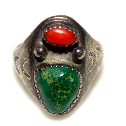 Vintage Navajo Cerrillos Turquoise Coral Ring Size 10 Rose 