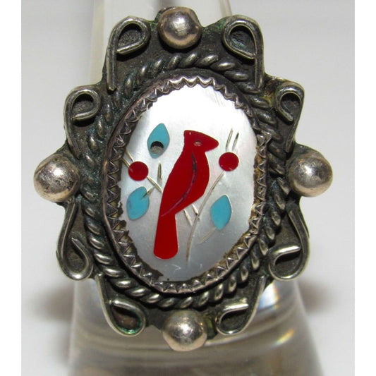 Vintage Navajo Coral Inlay Cardinal Ring Size 6 Sterling 