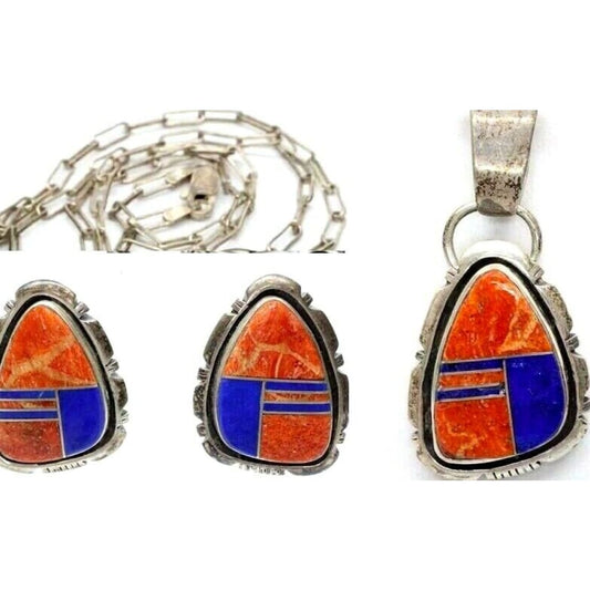 Vintage Navajo Coral Lapis Post Earrings & Pendant Necklace 