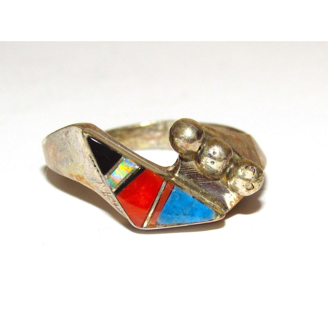 Vintage Navajo Inlay Ring Sz 6.5 Sterling Turquoise Coral