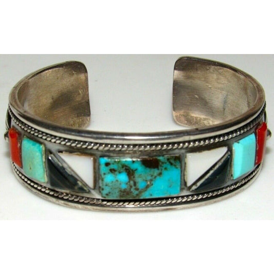 Vintage Navajo Turquoise Coral Jet Inlay Bracelet Francis 