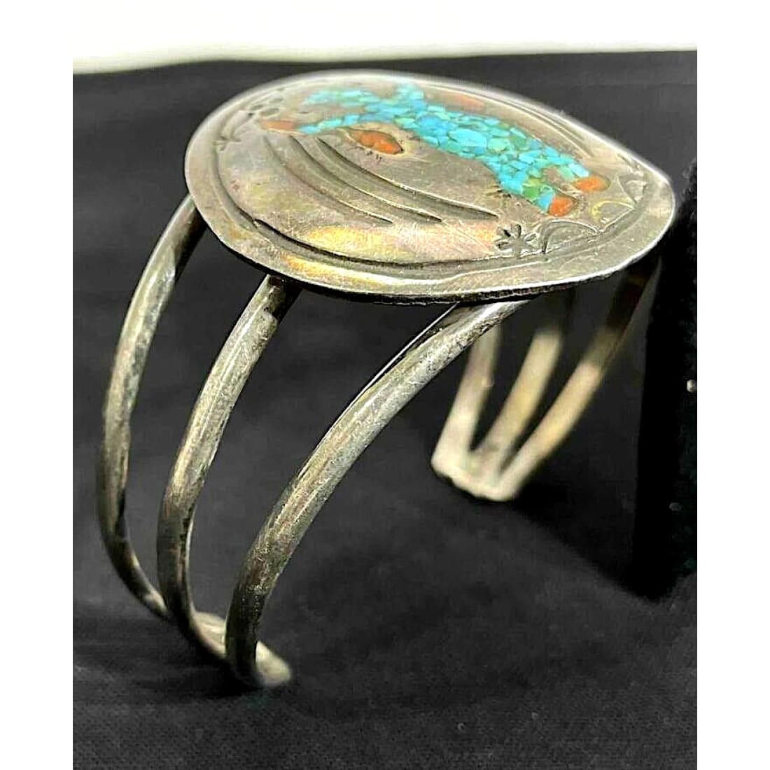 Vintage Navajo Turquoise Coral Kachina Bracelet Sterling 