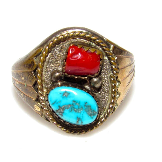 Vintage Navajo Turquoise Coral Ring Size 11 Sterling Silver 