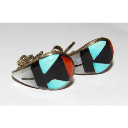 Vintage Zuni Inlay Post Earrings Turquoise Coral MOP