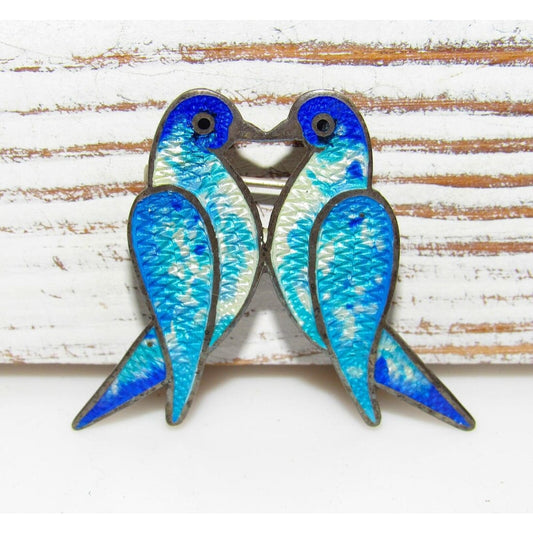 VTG 925 TAXCO Mexico Enamel Lovebirds Brooch Pin Sterling 