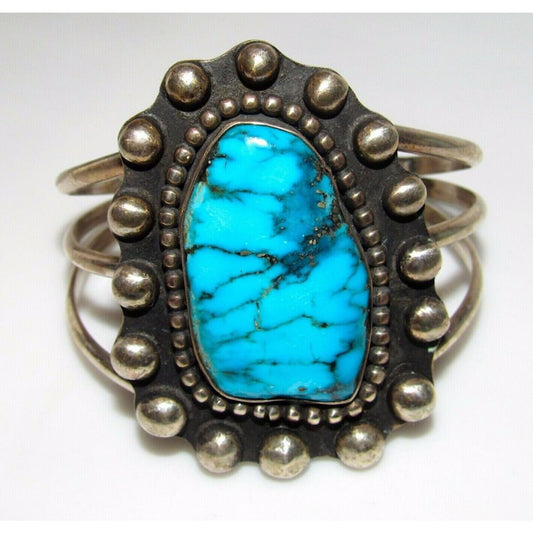 VTG Huge Navajo Sterling Kingman Turquoise Statement Cuff 