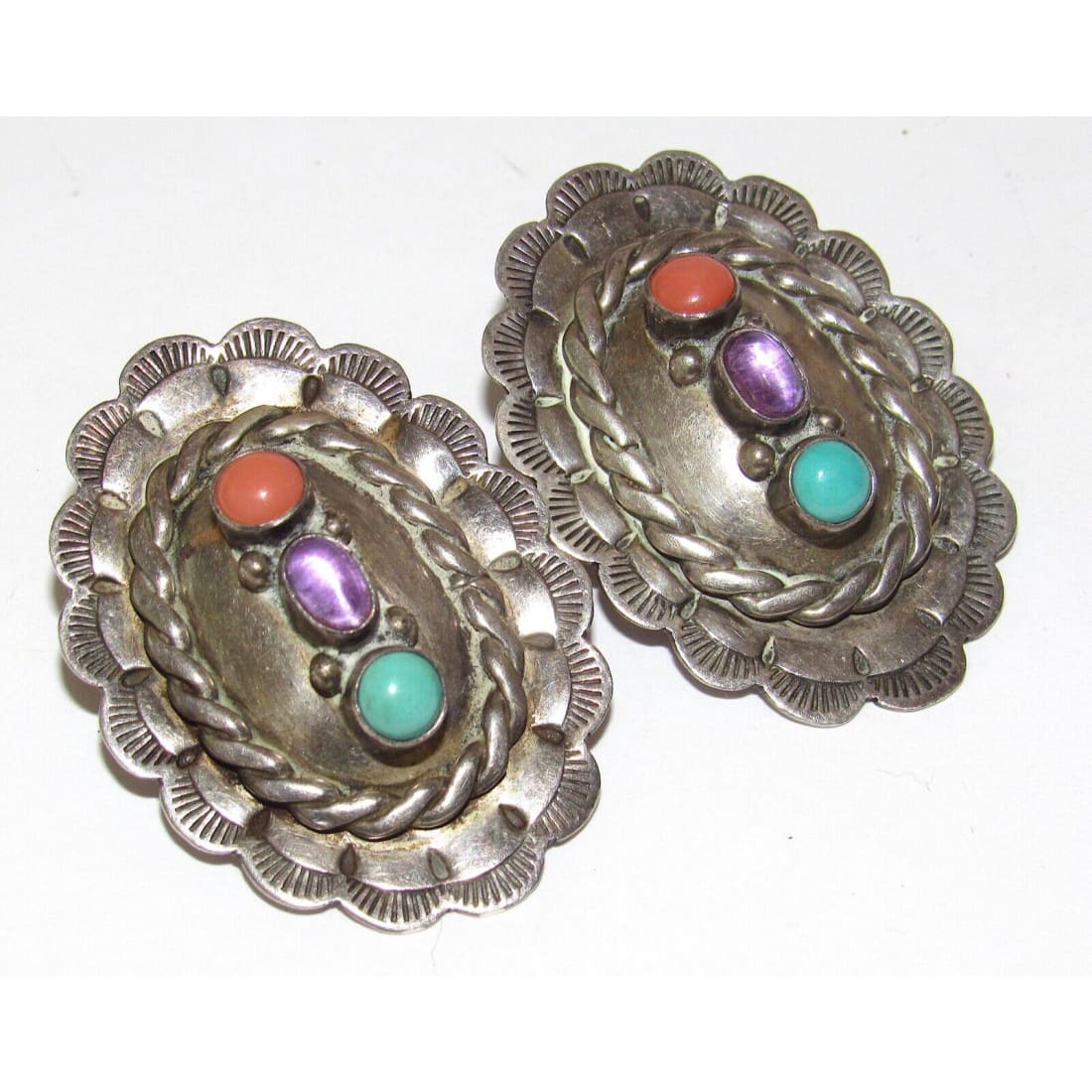 VTG Navajo Concho Earrings with Turquoise Coral Amethyst 