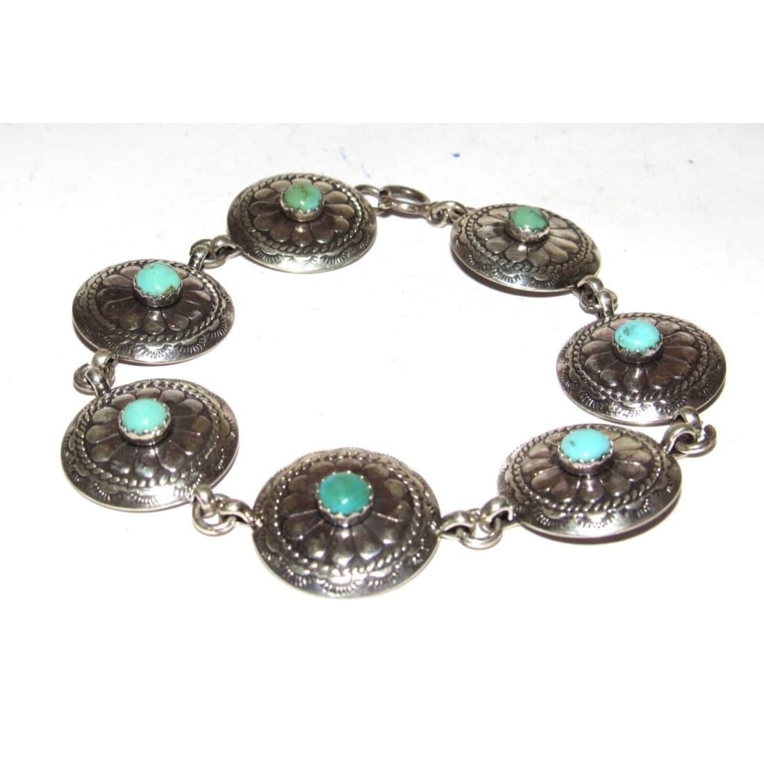 VTG Navajo Concho Link Bracelet Sterling Silver Turquoise -