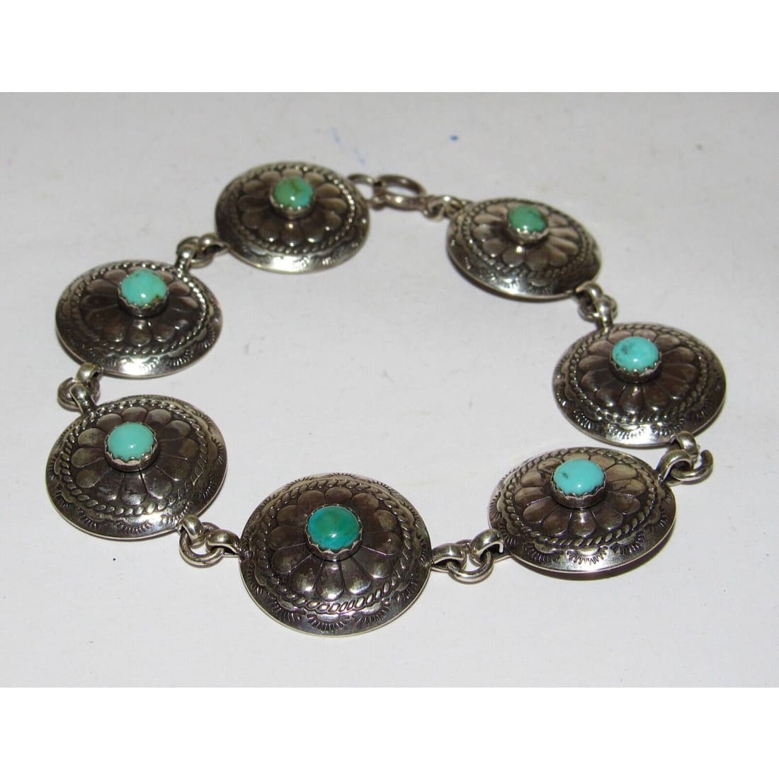 VTG Navajo Concho Link Bracelet Sterling Silver Turquoise -