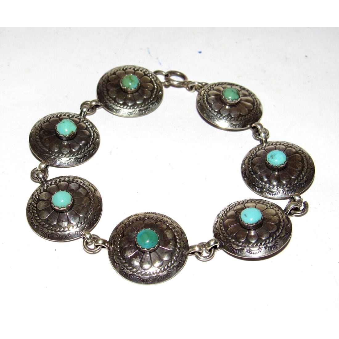 VTG Navajo Concho Link Bracelet Sterling Silver Turquoise -