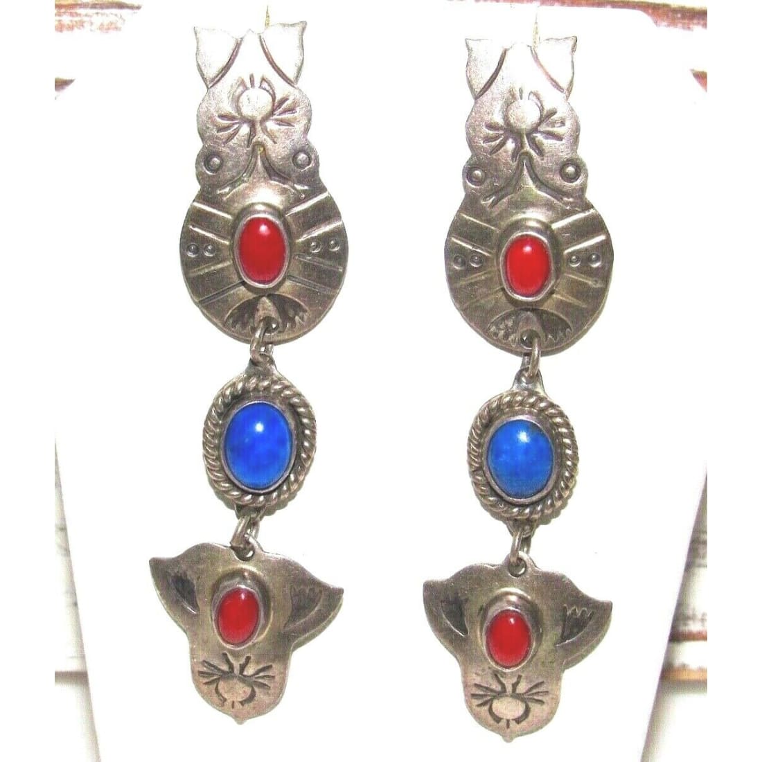 VTG Navajo Coral Lapis Dangle Earrings Sterling Silver 