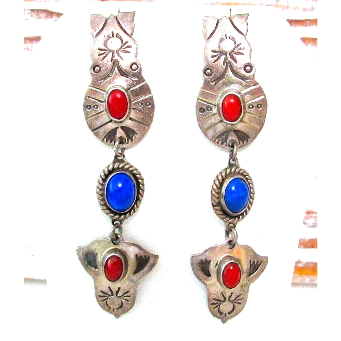 VTG Navajo Coral Lapis Dangle Earrings Sterling Silver 