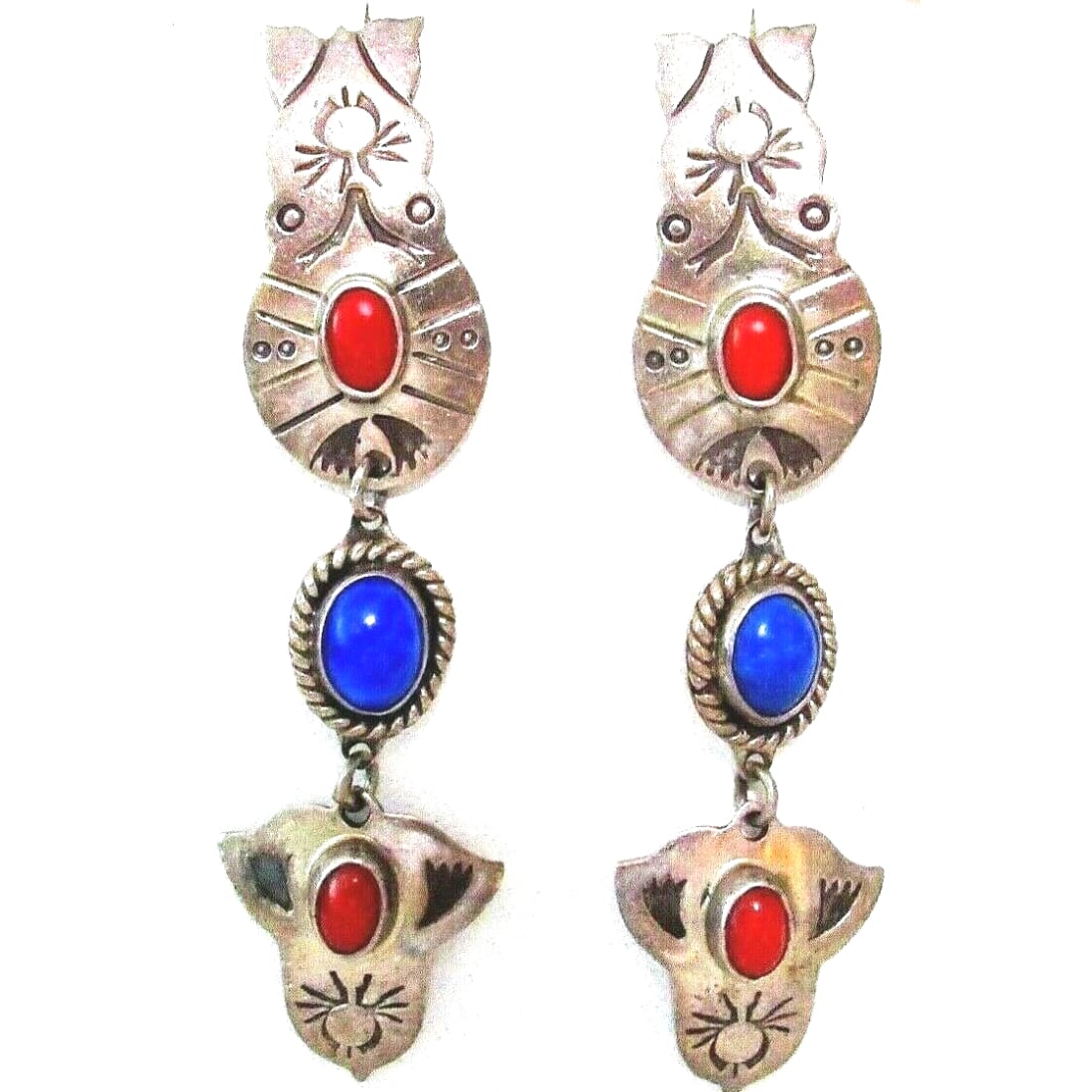 VTG Navajo Coral Lapis Dangle Earrings Sterling Silver 