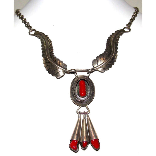 VTG Navajo Coral Necklace Squash Blossom Sterling Silver by 