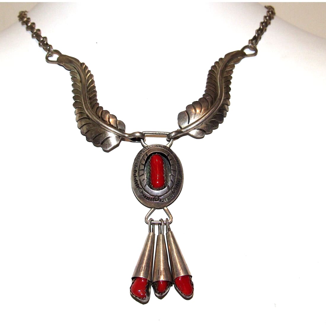VTG Navajo Coral Necklace Squash Blossom Sterling Silver by 