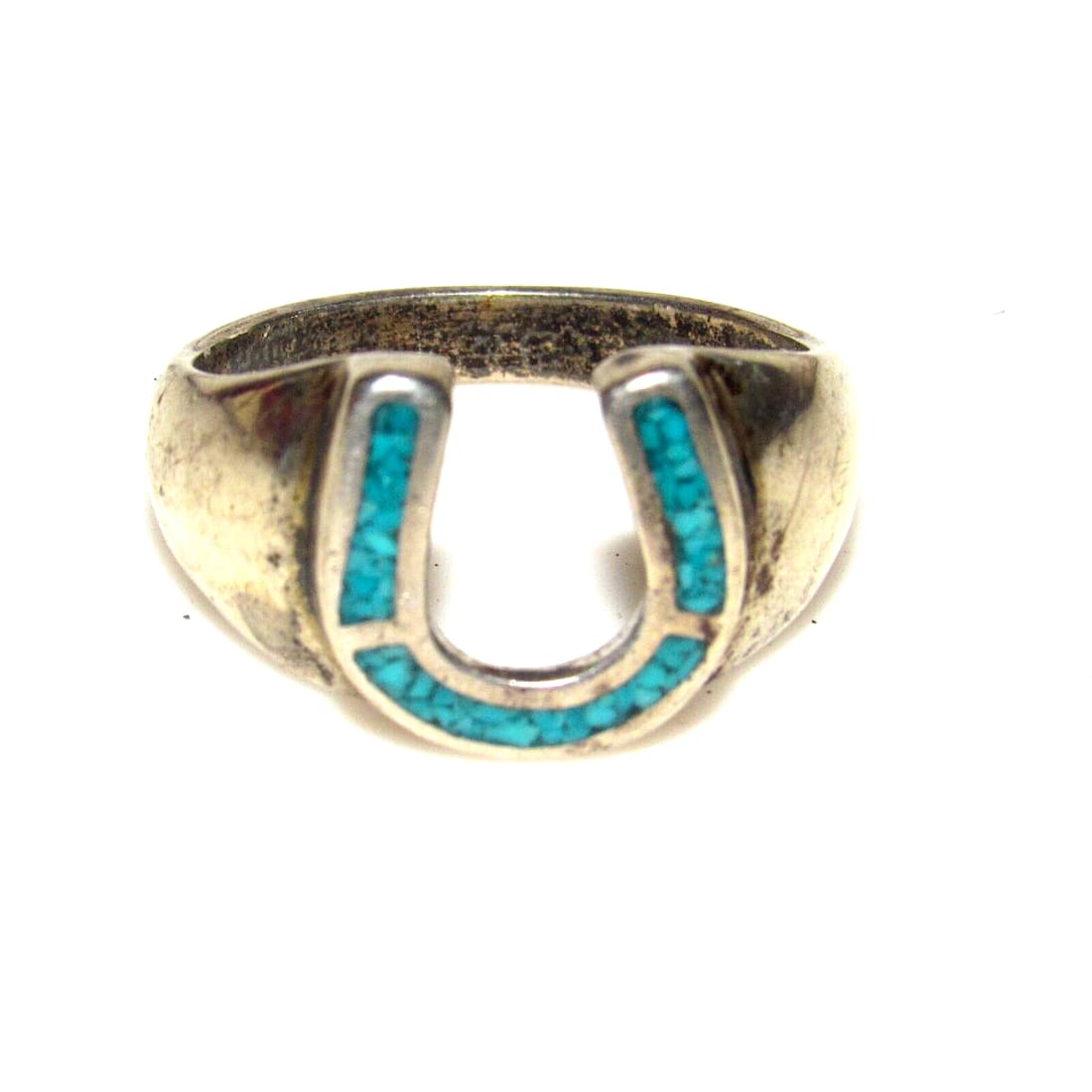 VTG Navajo Horse Shoe Ring Sz 11.5 Turquoise Inlay Sterling 