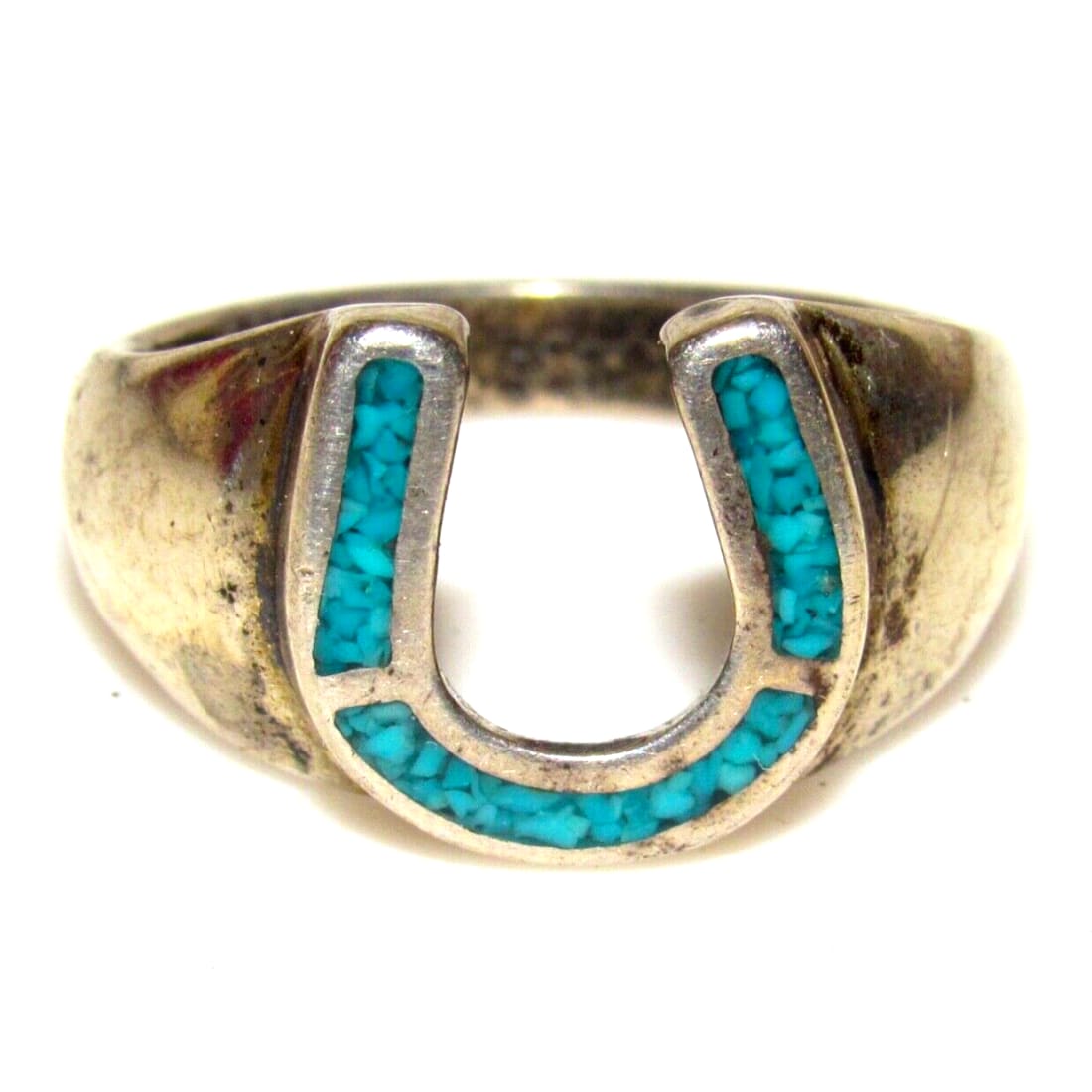VTG Navajo Horse Shoe Ring Sz 11.5 Turquoise Inlay Sterling 