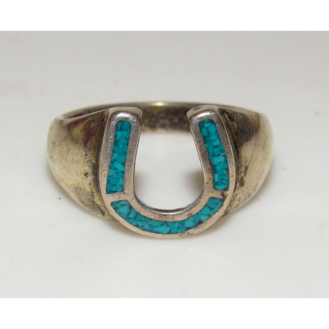 VTG Navajo Horse Shoe Ring Sz 11.5 Turquoise Inlay Sterling 