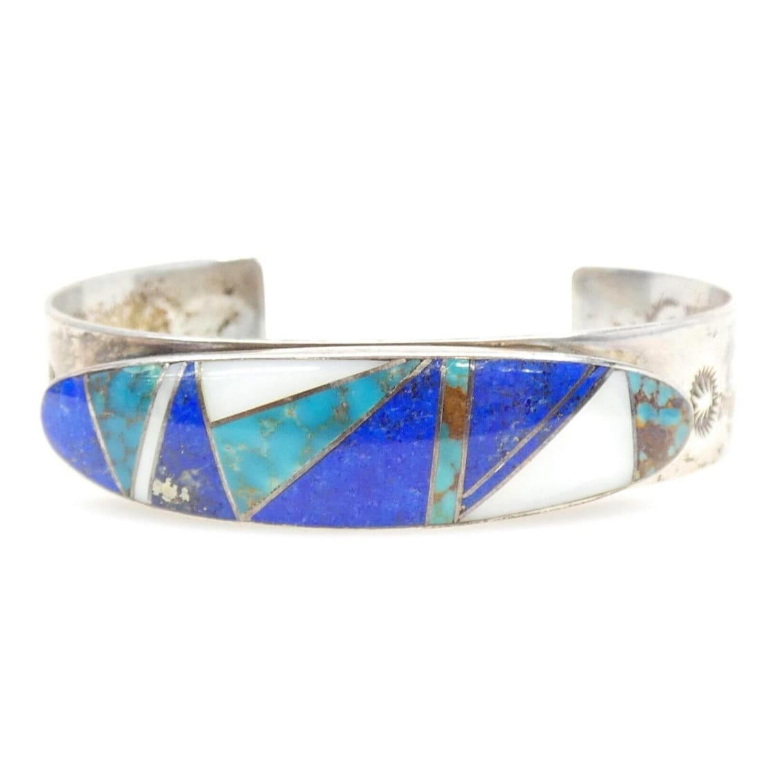 VTG Navajo Inlay Bracelet Turquoise Lapis MOP Sterling Cuff
