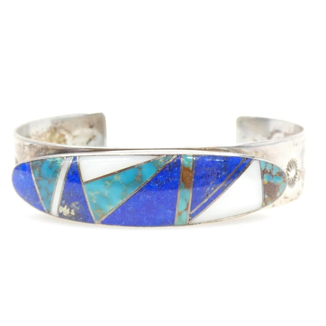 VTG Navajo Inlay Bracelet Turquoise Lapis MOP Sterling Cuff