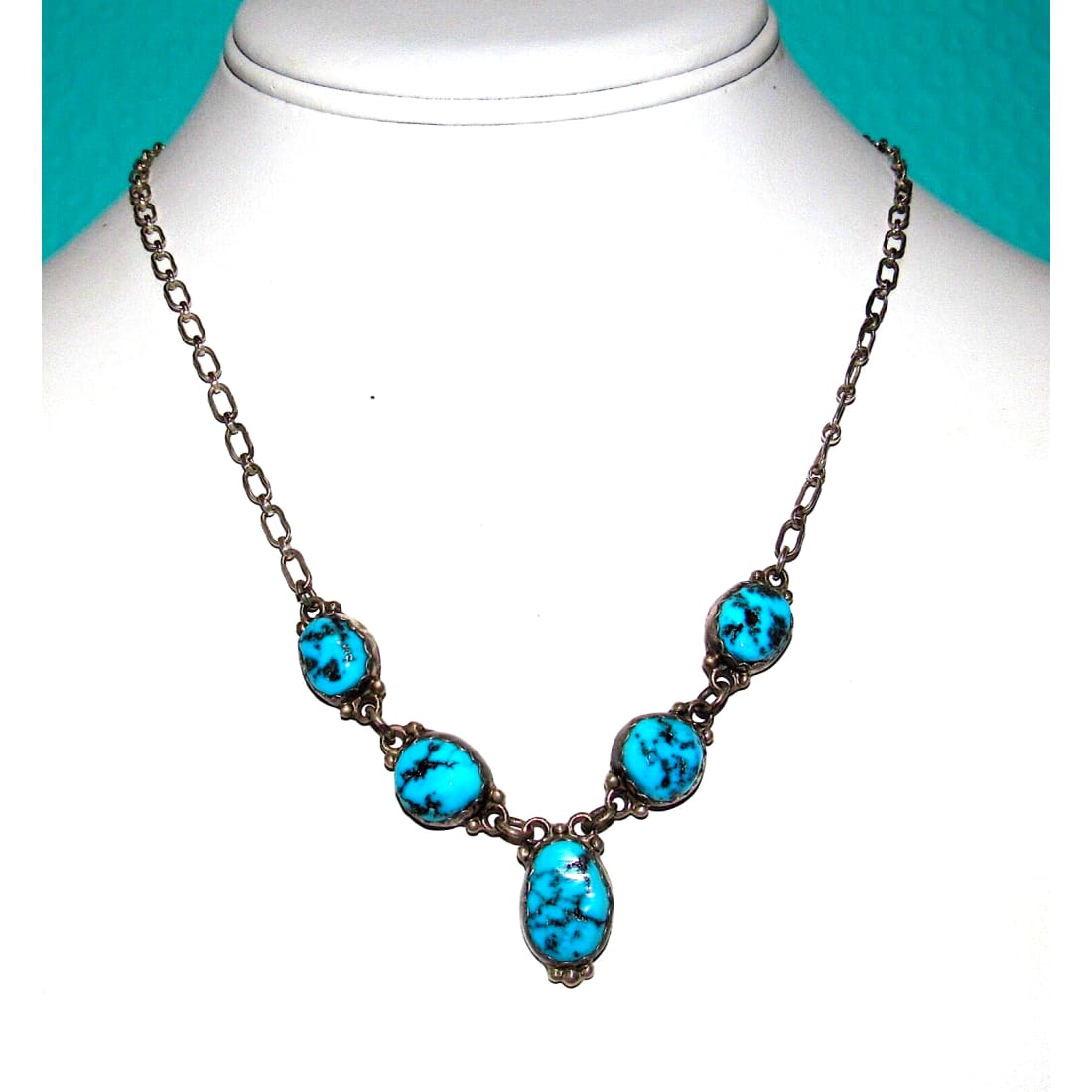 VTG Navajo Kingman Turquoise Small Lariat Necklace Sterling 