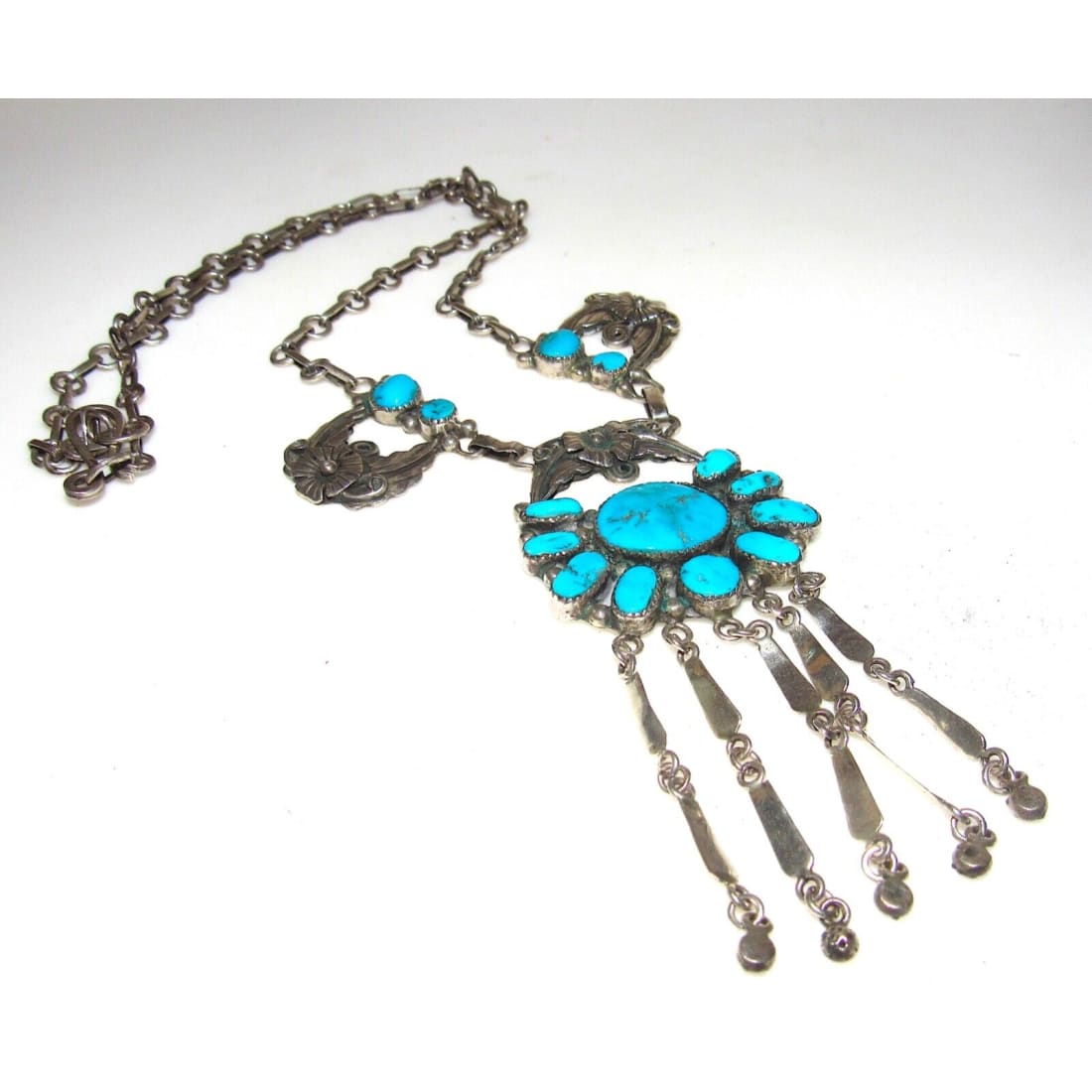 VTG Navajo Kingman Turquoise Squash Blossom Necklace 