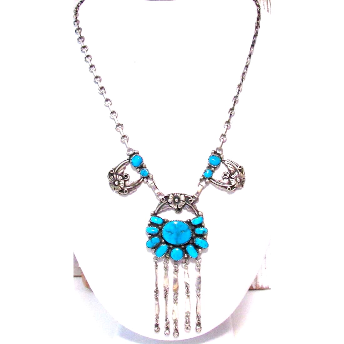 VTG Navajo Kingman Turquoise Squash Blossom Necklace 