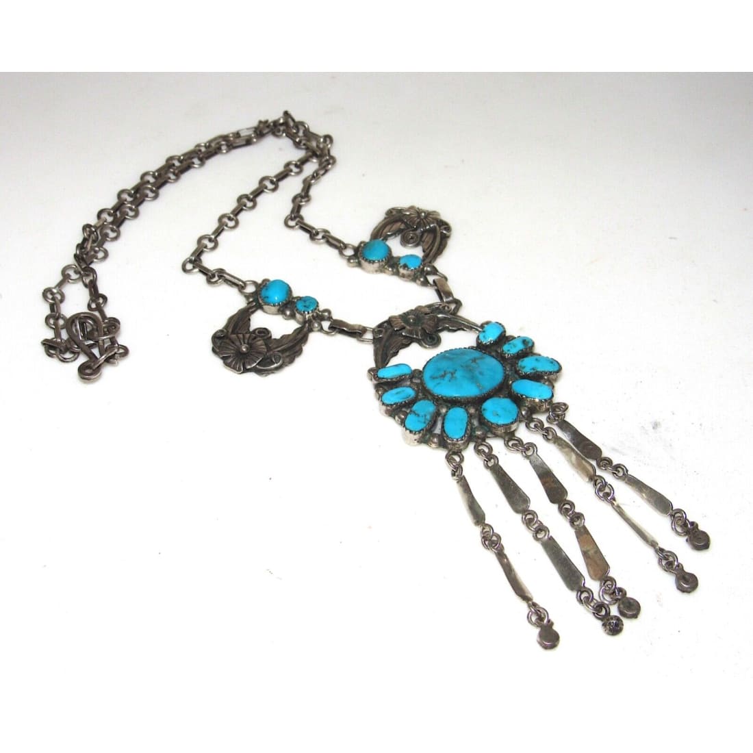 VTG Navajo Kingman Turquoise Squash Blossom Necklace 