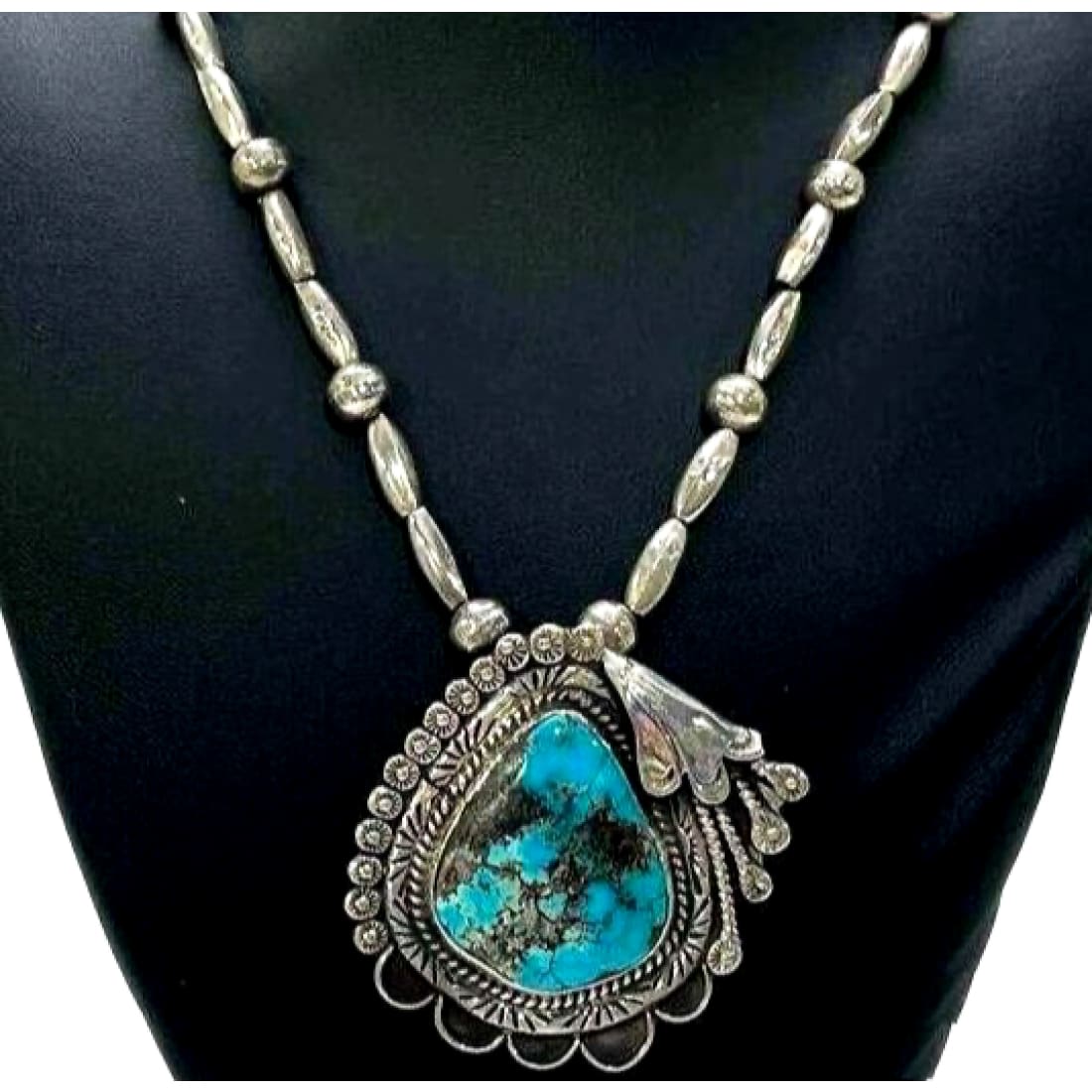 VTG Navajo Morenci Turquoise Pendant Necklace Sterling 