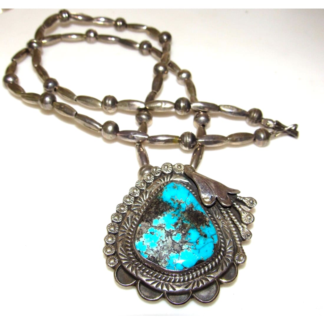 VTG Navajo Morenci Turquoise Pendant Necklace Sterling 