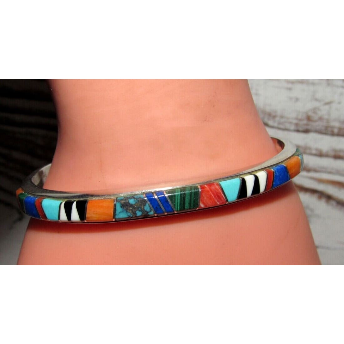 VTG Navajo Multi Stone Inlay Stacker Cuff Bracelet Sterling 