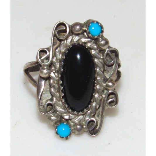 VTG Navajo Onyx Turquoise Ring Size 7 Sterling Silver 