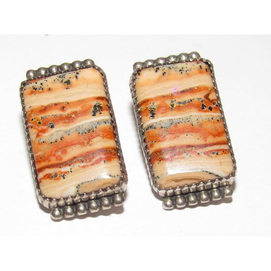 VTG Navajo Petrified Coral Clip On Earrings Sterling Silver 