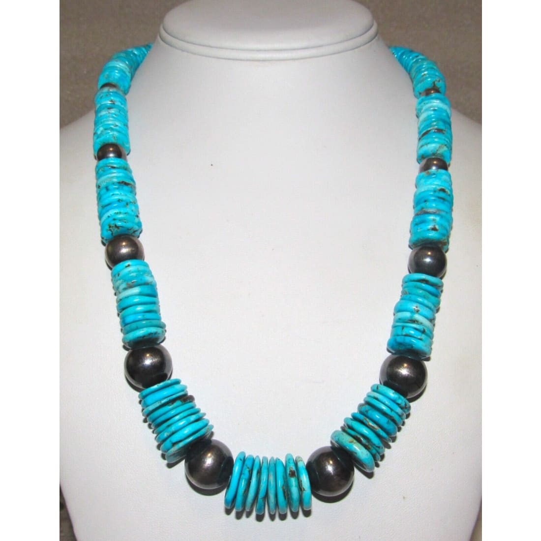 VTG Navajo Rolled Kingman Turquoise & Sterling Beads Heishi