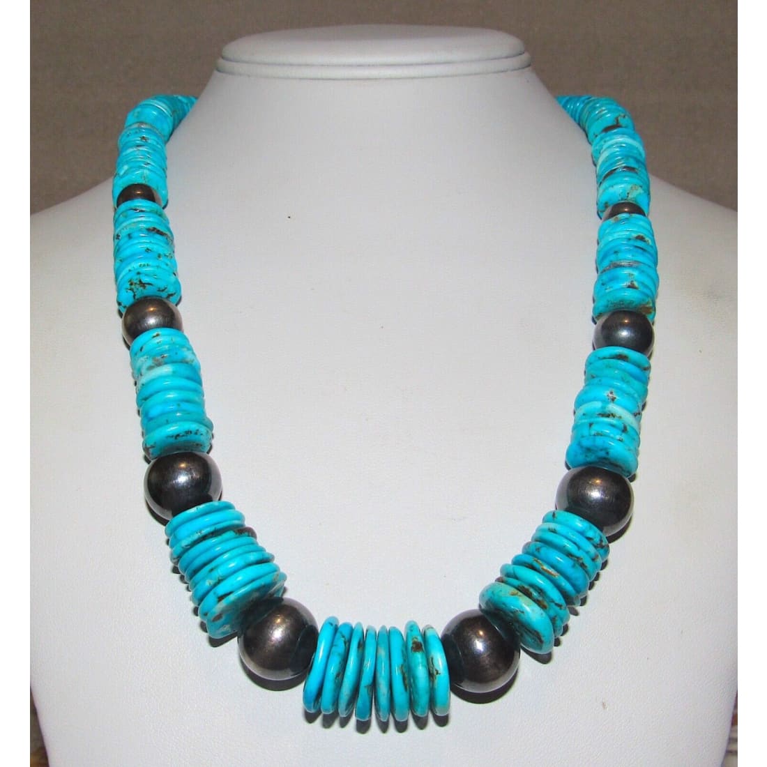 VTG Navajo Rolled Kingman Turquoise & Sterling Beads Heishi
