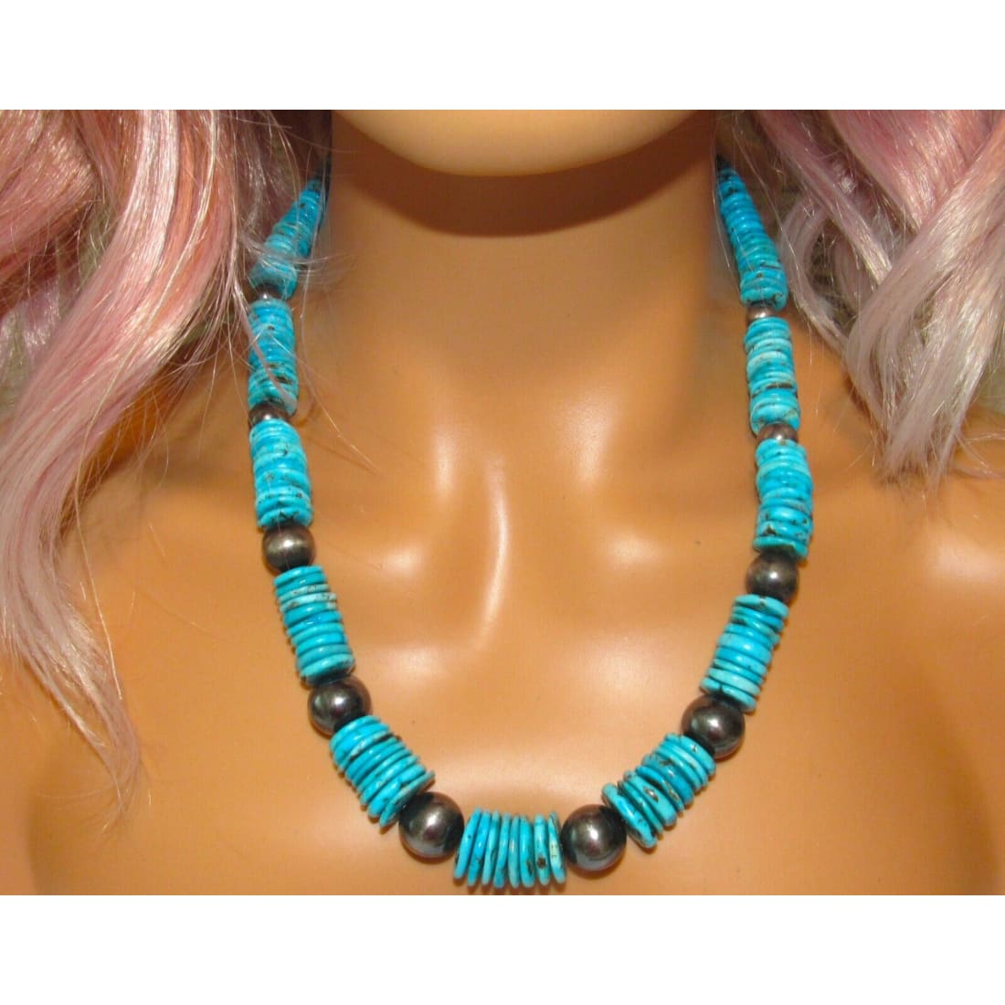 VTG Navajo Rolled Kingman Turquoise & Sterling Beads Heishi