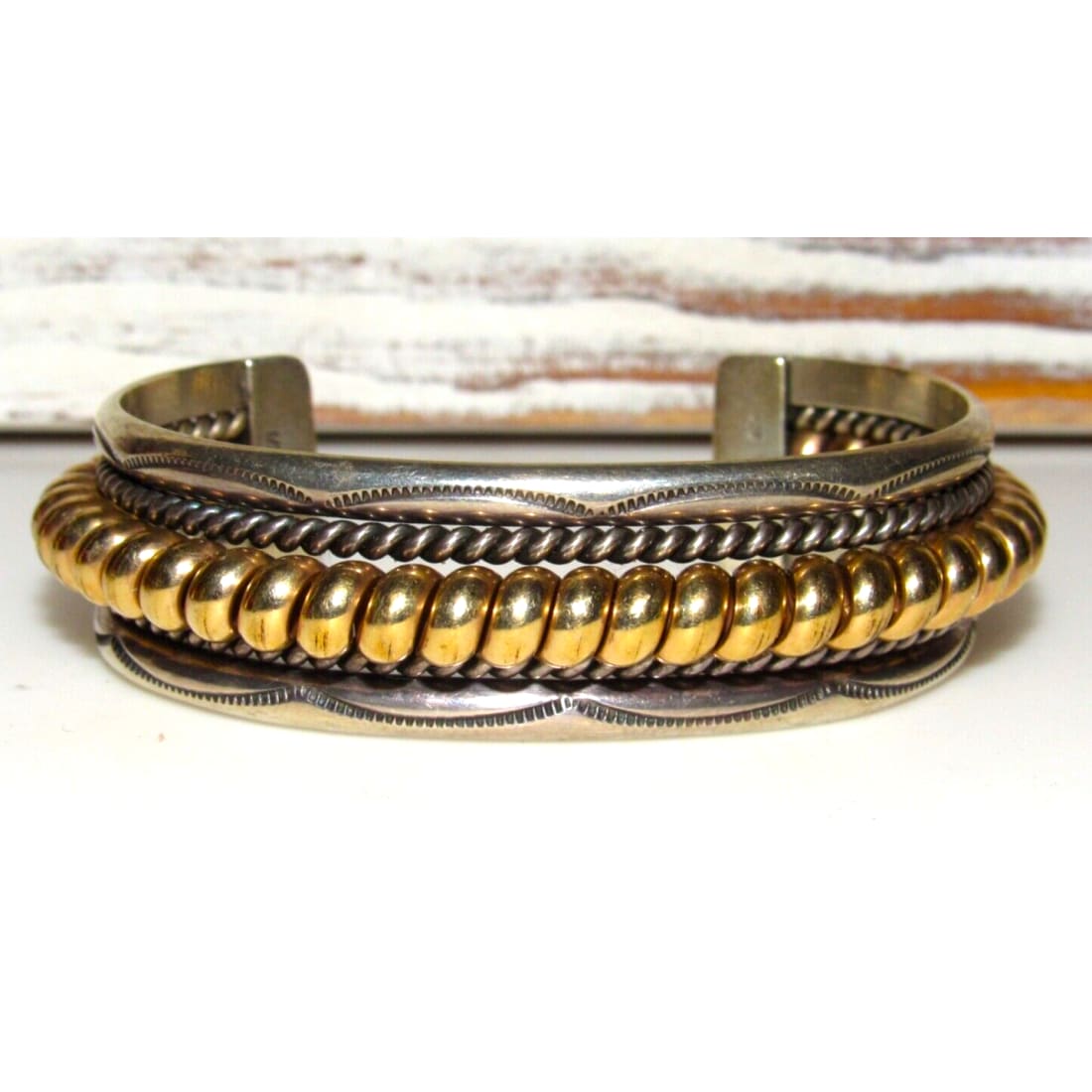 VTG Navajo Sterling Silver 12K Gold Cuff Bracelet Nora Tahe 
