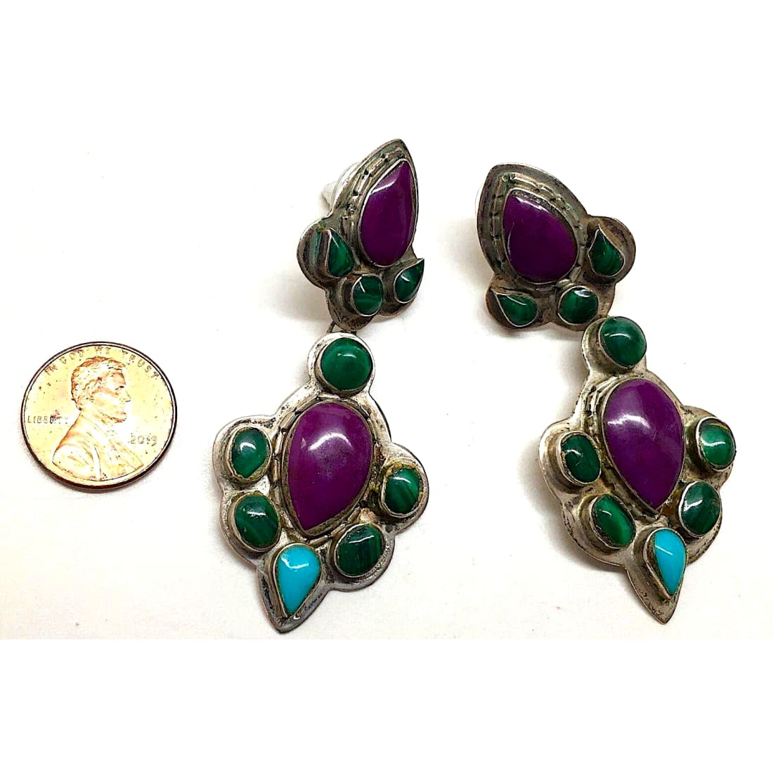 VTG Navajo Sugilite Cluster Dangle Earrings Turquoise 