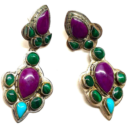 VTG Navajo Sugilite Cluster Dangle Earrings Turquoise 