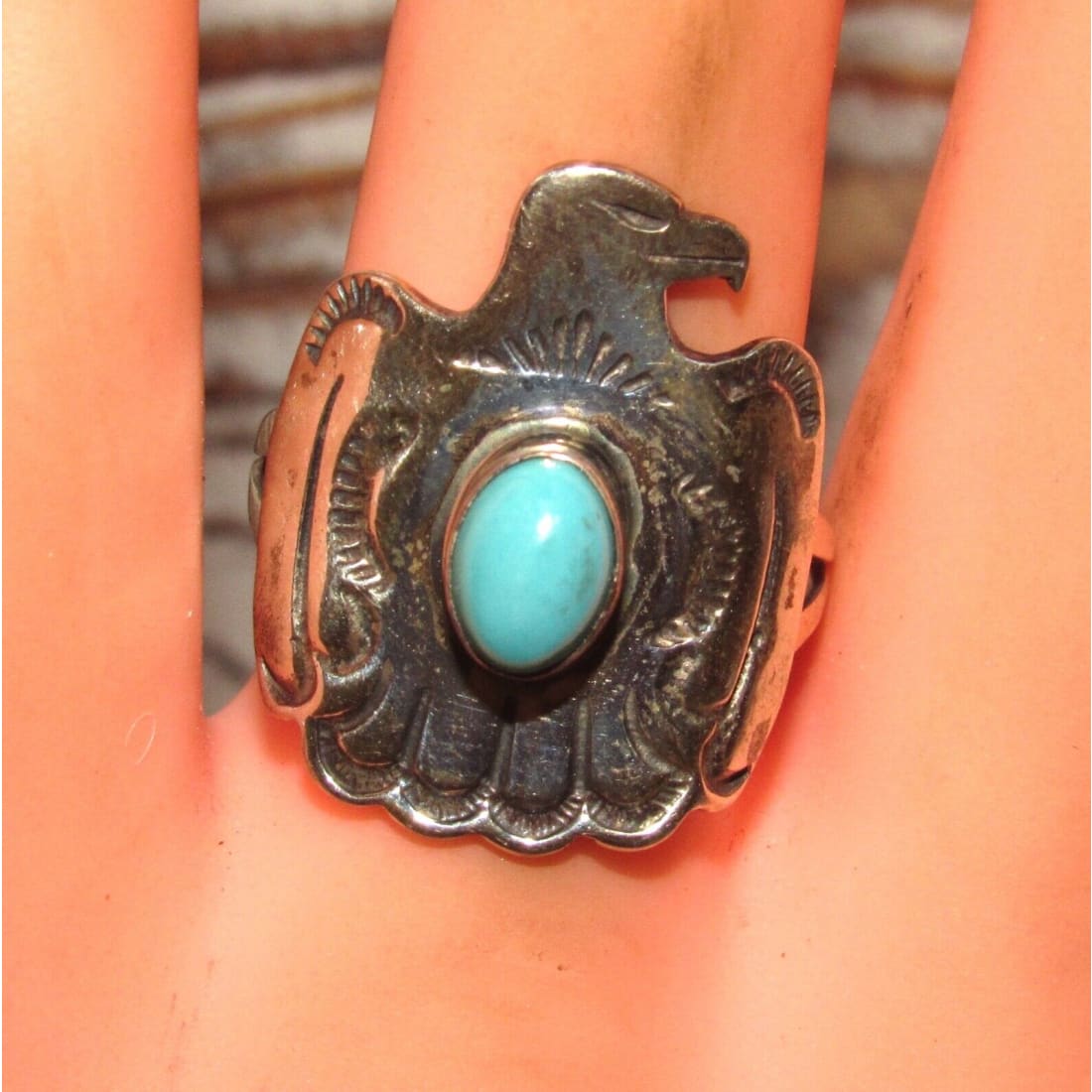 VTG Navajo Thunderbird Ring Sz 7 Ingot Sterling Silver 