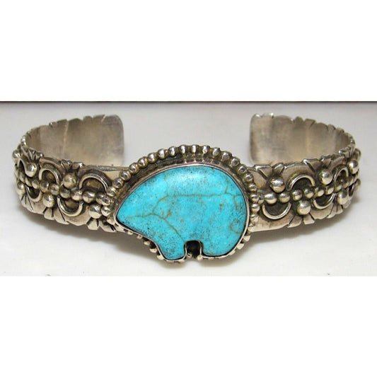 VTG Navajo Turquoise Bear Cuff Bracelet Sterling Silver 